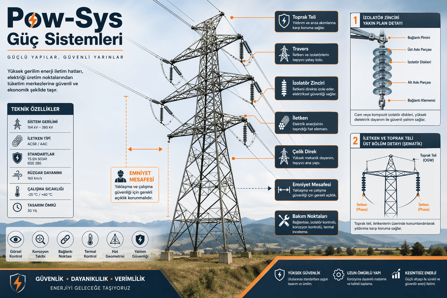 Yüksek gerilim hattında termal inceleme, izolatör değerlendirmesi ve donanım kontrolünü anlatan şematik teknik görsel