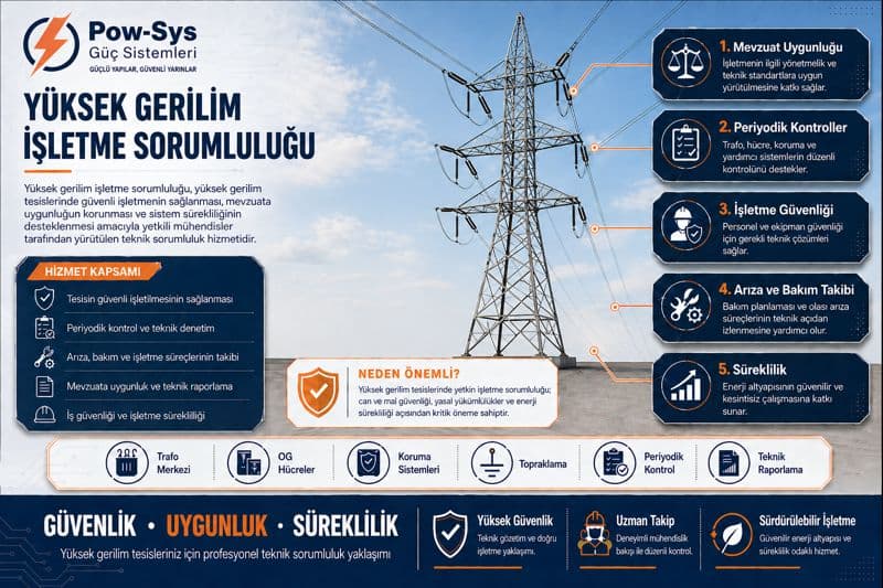 Yüksek gerilim işletme sorumluluğu hizmetinin tek hat şeması, manevra, bakım koordinasyonu ve saha güvenliği boyutlarını gösteren teknik görsel