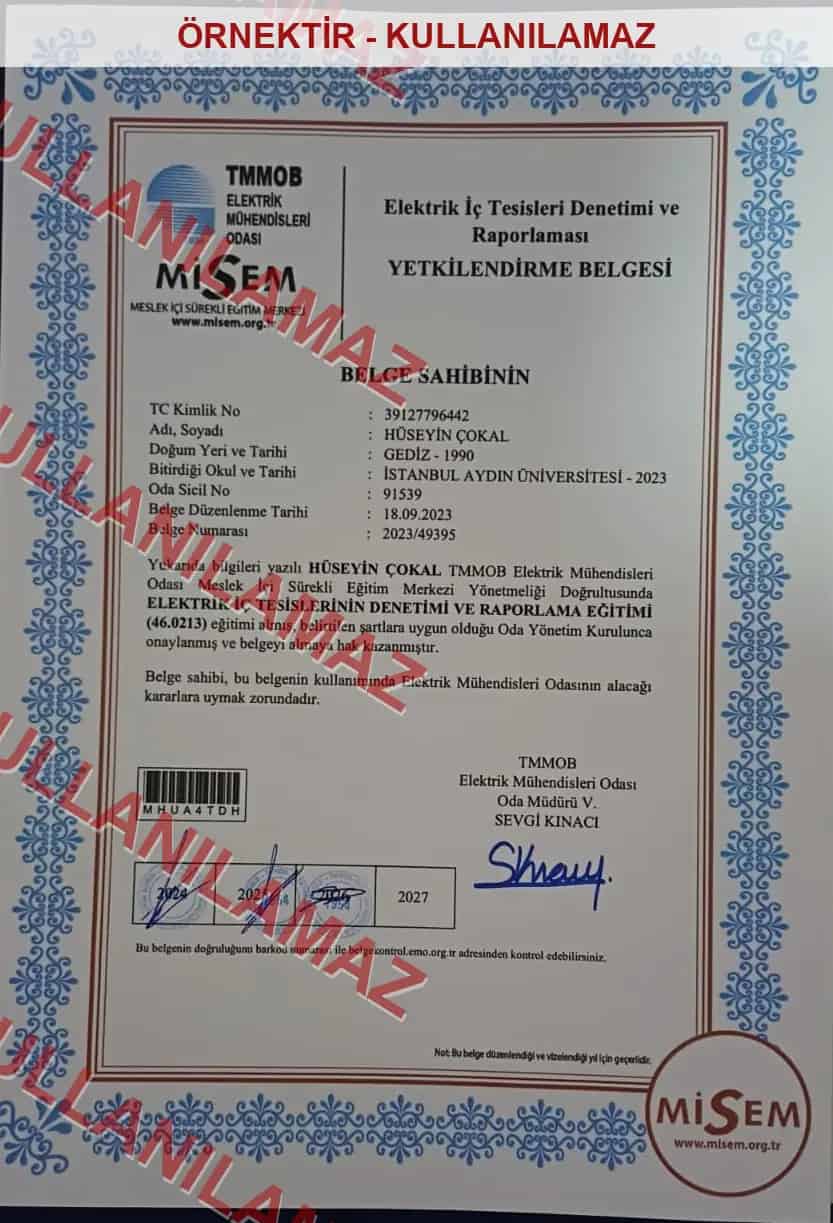 Elektrik iç tesisleri denetimi ve raporlaması yetkilendirme belgesi filigranlı örnek kopyası
