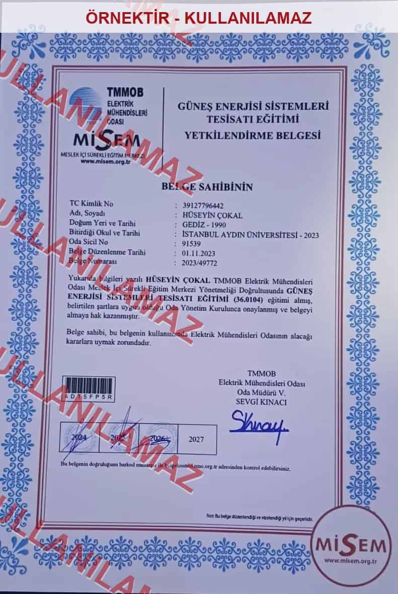 Güneş enerjisi sistemleri tesisatı yetkilendirme belgesi filigranlı örnek kopyası