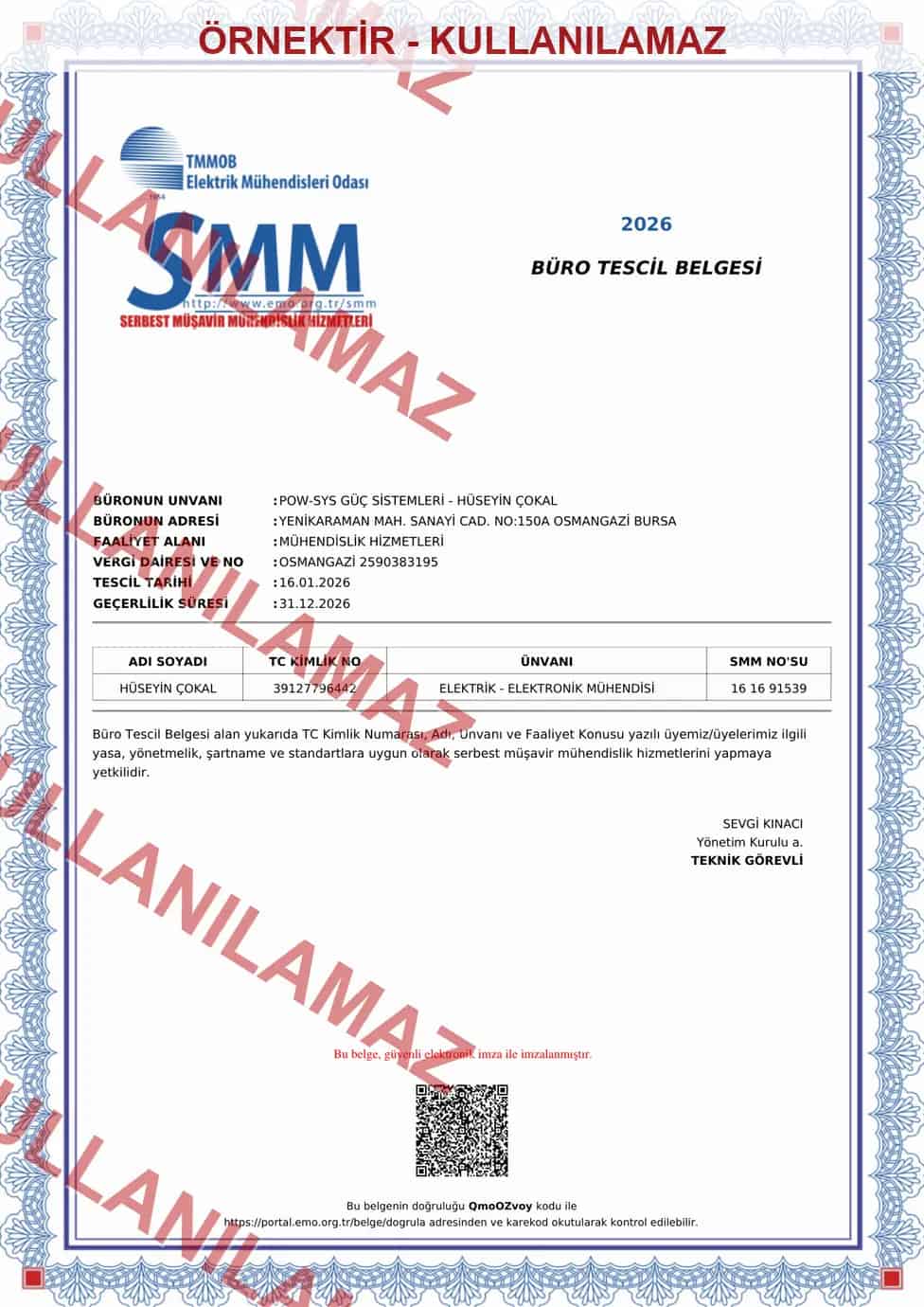 Pow-Sys Güç Sistemleri büro tescil belgesi filigranlı örnek kopyası