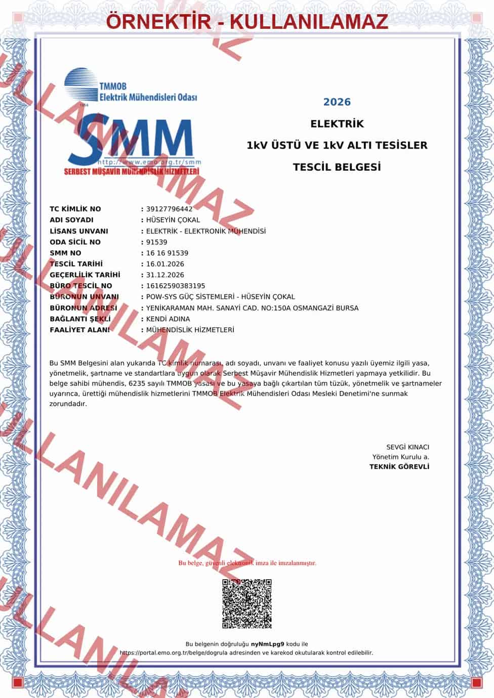 Hüseyin ÇOKAL elektrik 1 kV üstü ve altı tesisler SMM tescil belgesi filigranlı örnek kopyası