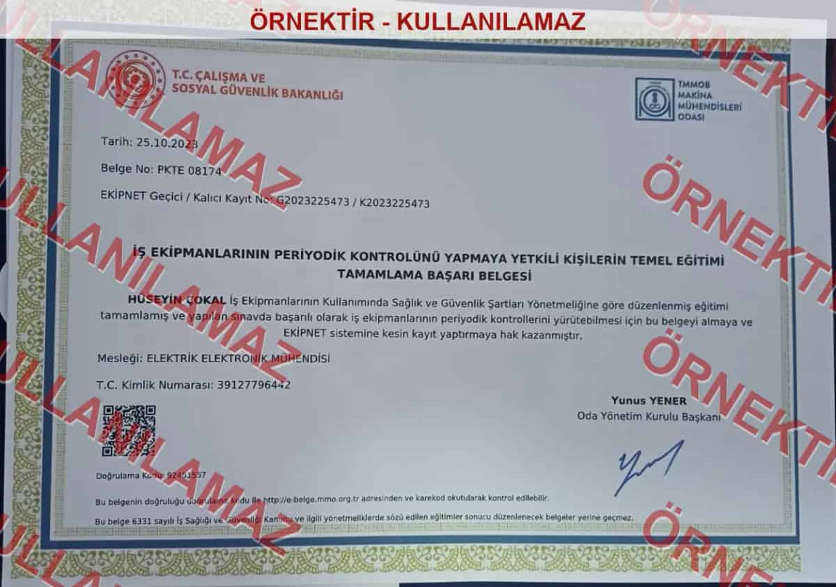 İş ekipmanları periyodik kontrol yetki belgesi filigranlı örnek kopyası