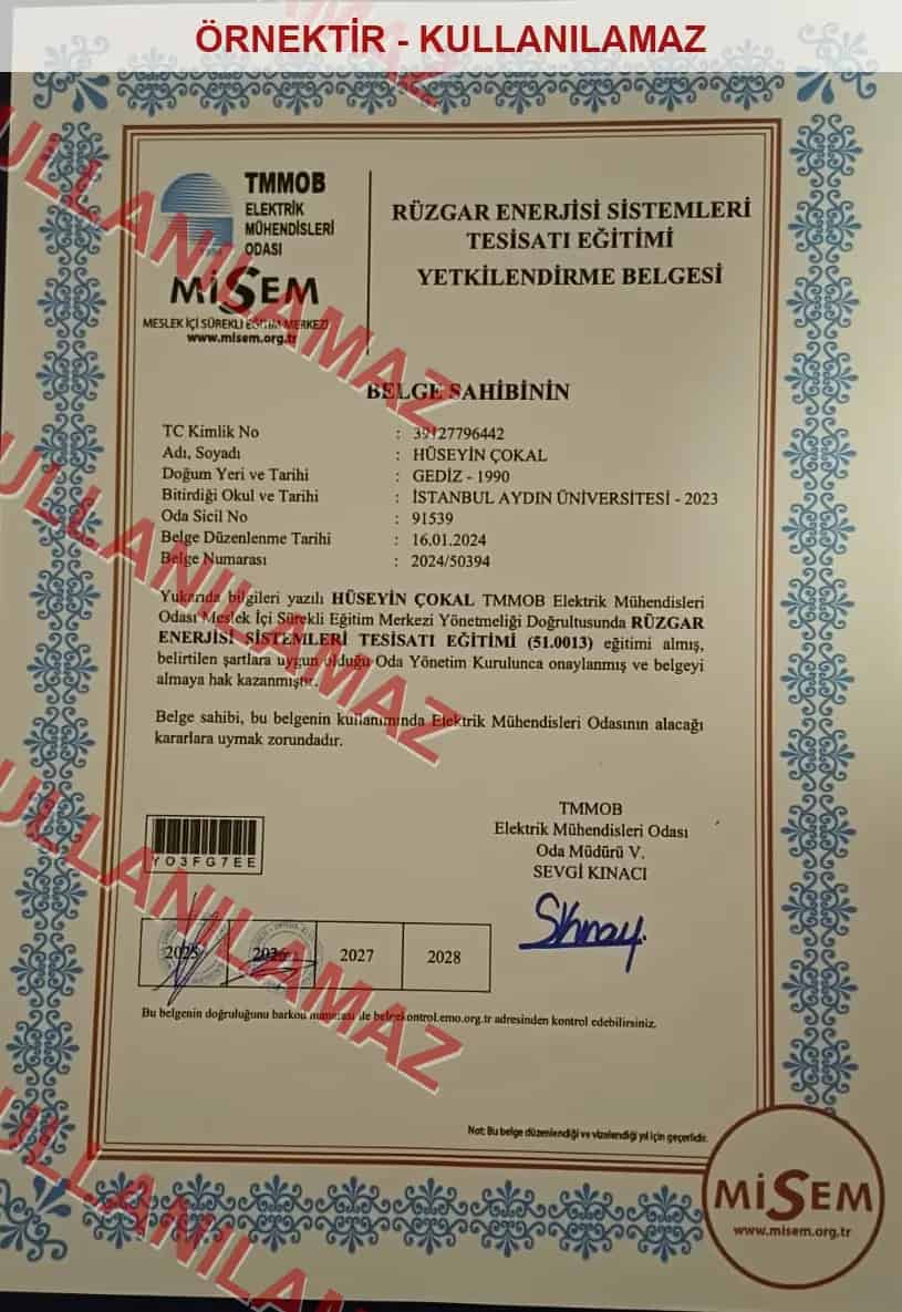 Rüzgar enerjisi sistemleri tesisatı eğitimi yetkilendirme belgesi filigranlı örnek kopyası