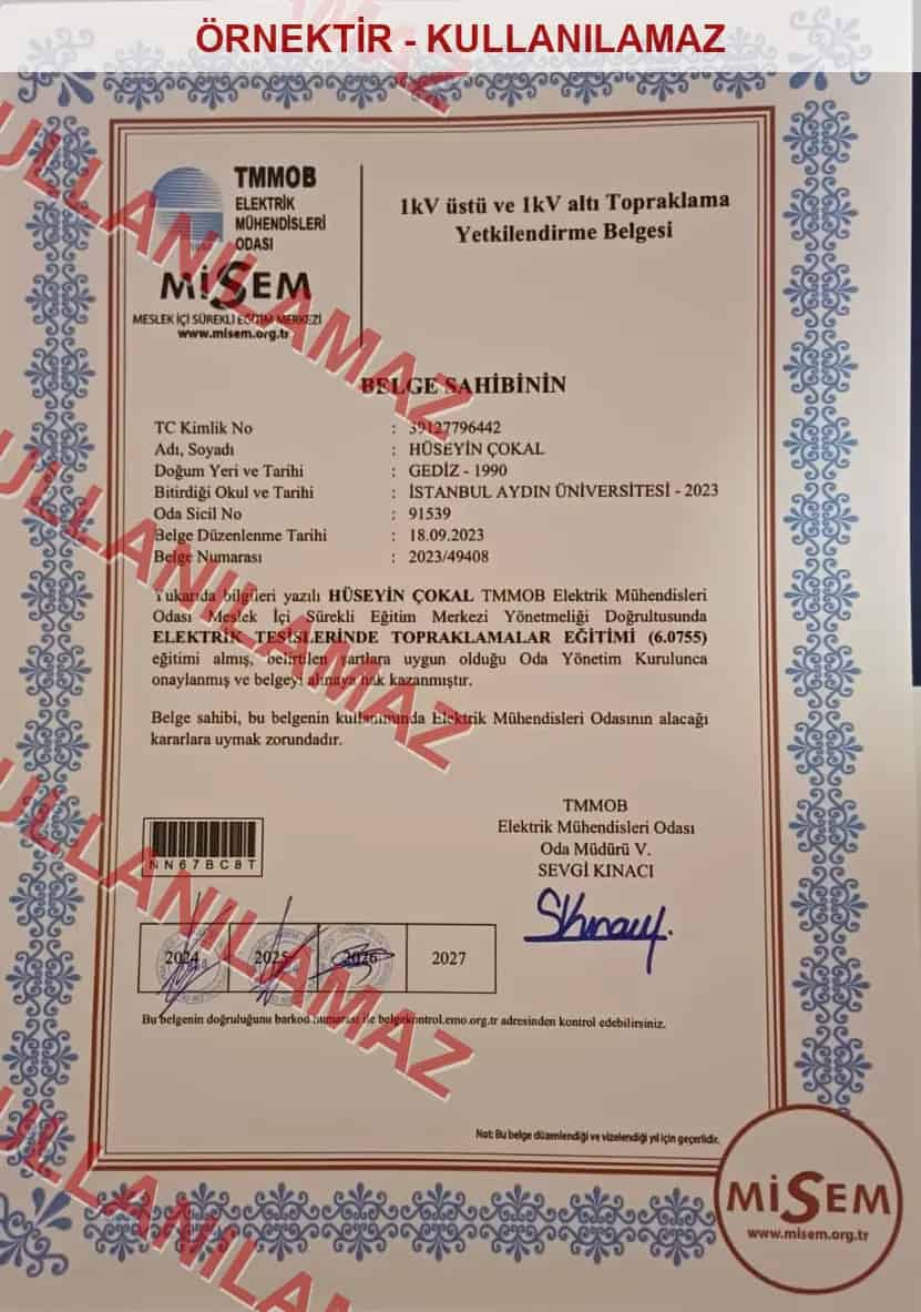 1 kV üstü ve 1 kV altı topraklama yetkilendirme belgesi filigranlı örnek kopyası