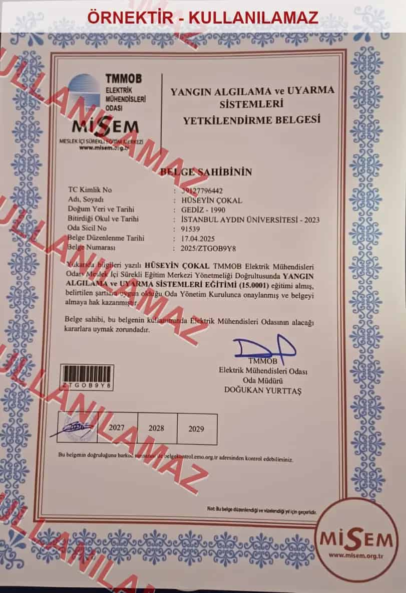 Yangın algılama ve uyarma sistemleri yetkilendirme belgesi filigranlı örnek kopyası