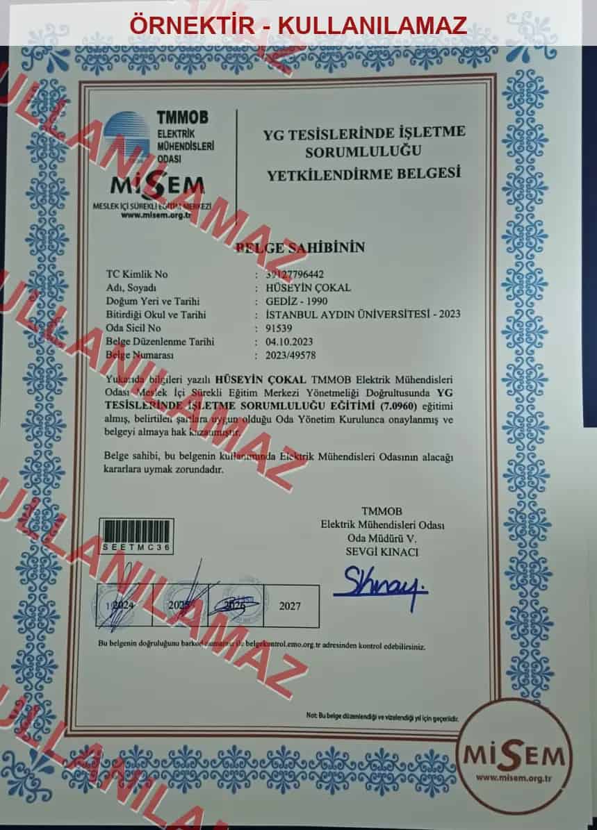 YG tesislerinde işletme sorumluluğu yetkilendirme belgesi filigranlı örnek kopyası