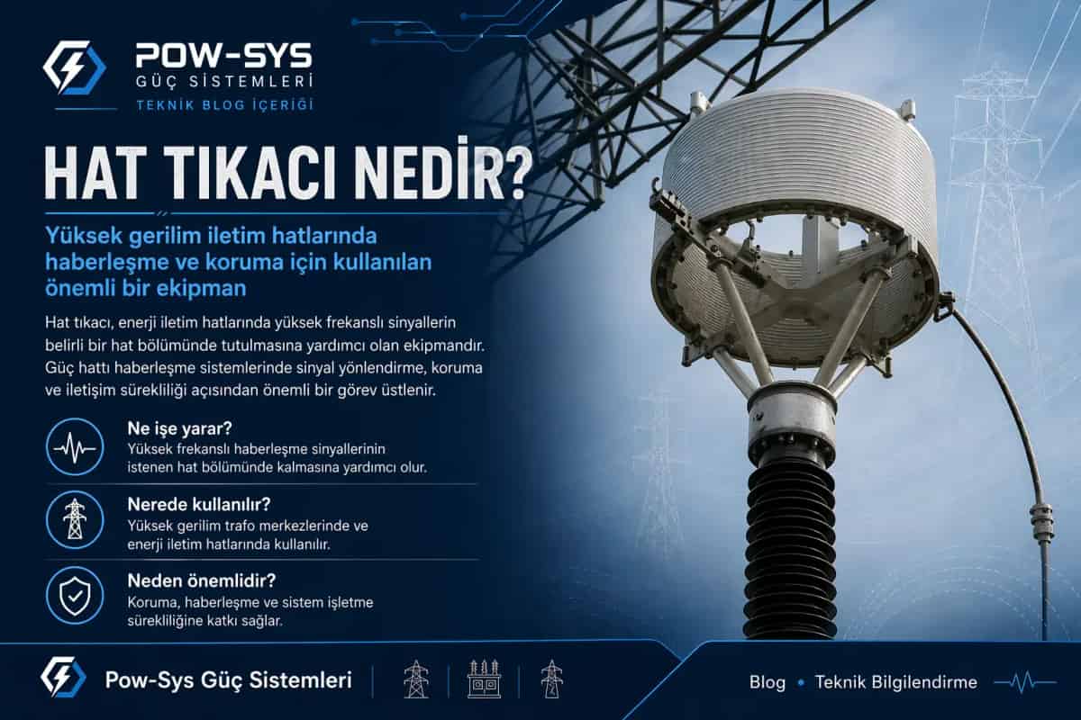 Hat tıkacının enerji hattında seri bağlı çalışarak taşıyıcı frekansa yüksek empedans göstermesini anlatan teknik görsel