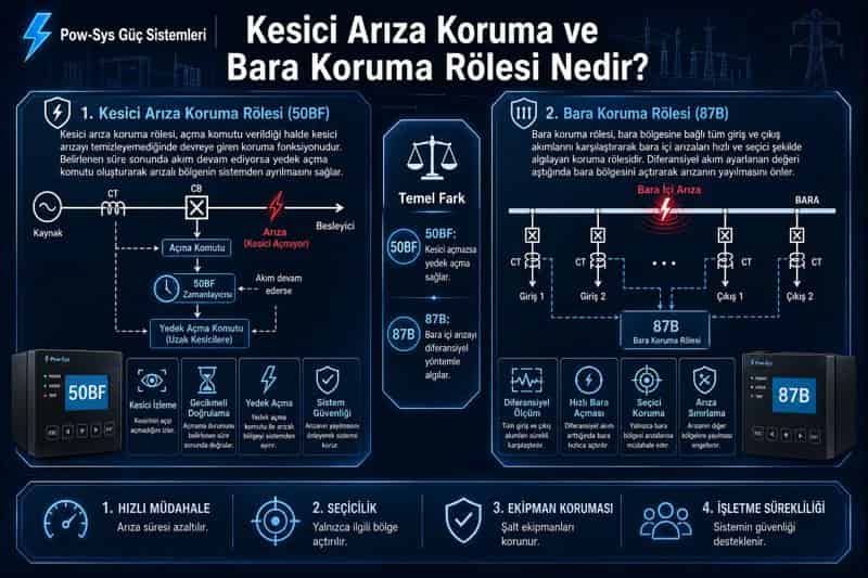 Technical visual showing the busbar differential protection and failed circuit breaker backup trip logic of breaker failure protection and busbar protection relays