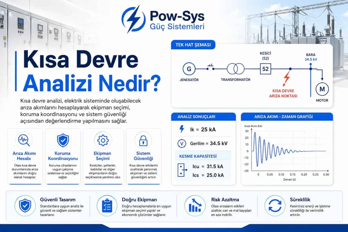Kısa devre analizinin arıza akımını hesaplayarak ekipman dayanımını değerlendirme mantığını gösteren teknik görsel