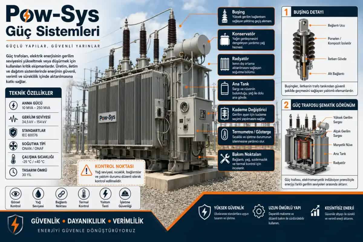 Schematic technical visual describing DGA, ratio test, winding resistance measurement and thermal inspection on transformers